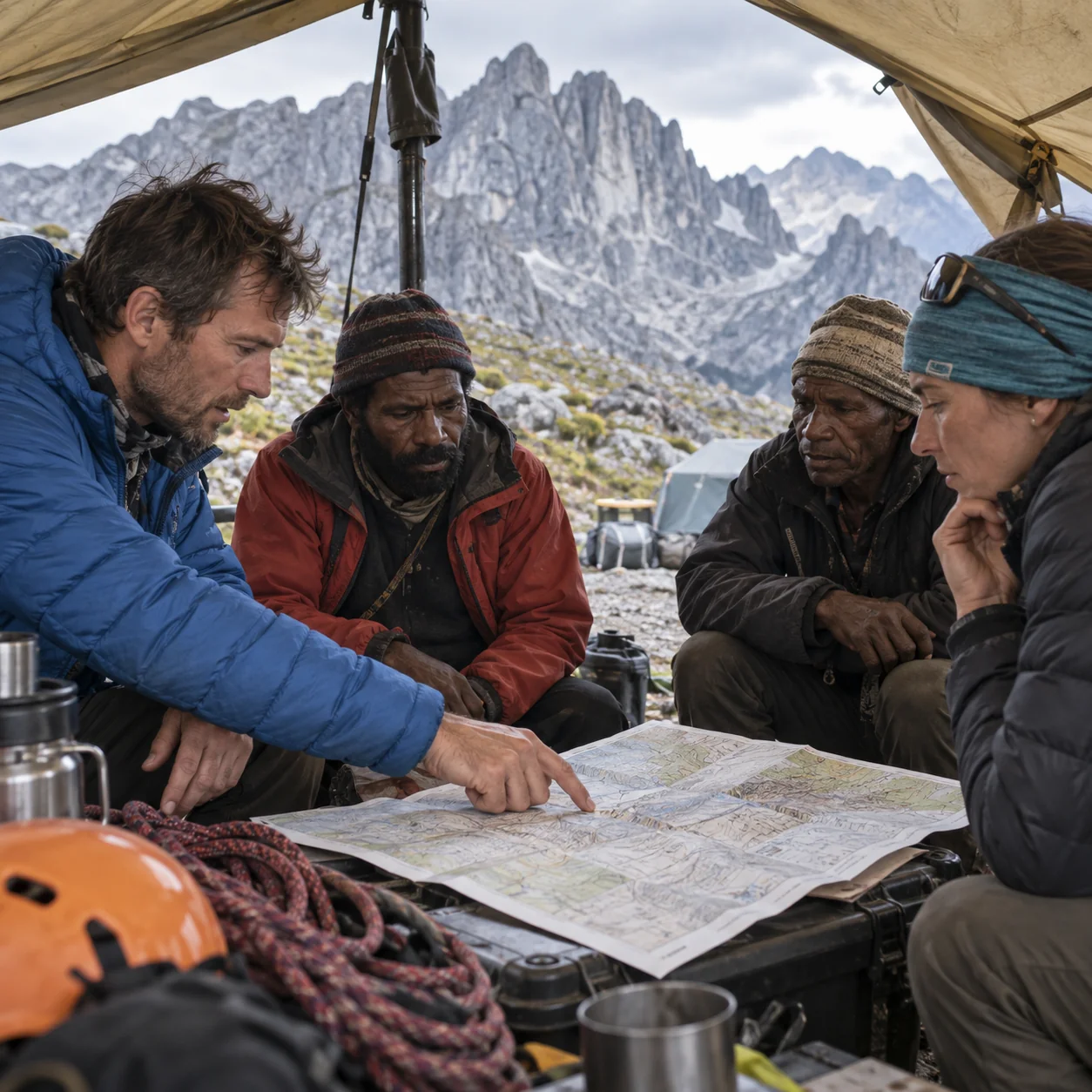 Expedition team reviewing the Carstensz Pyramid route