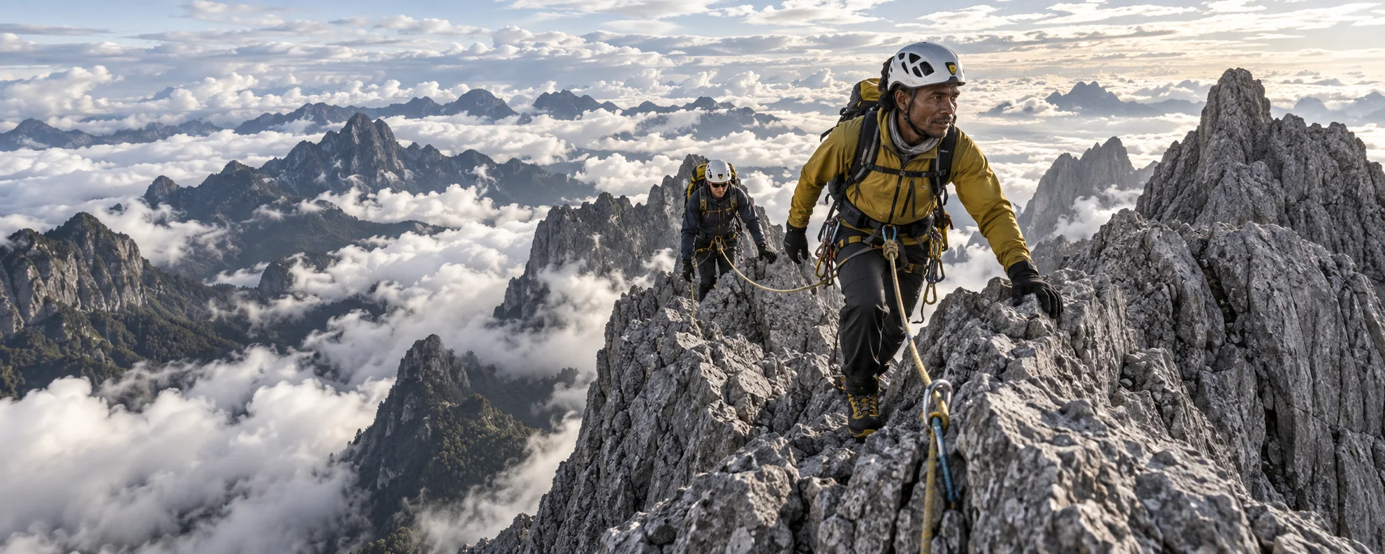 Roped climbers traversing the Carstensz summit ridge
