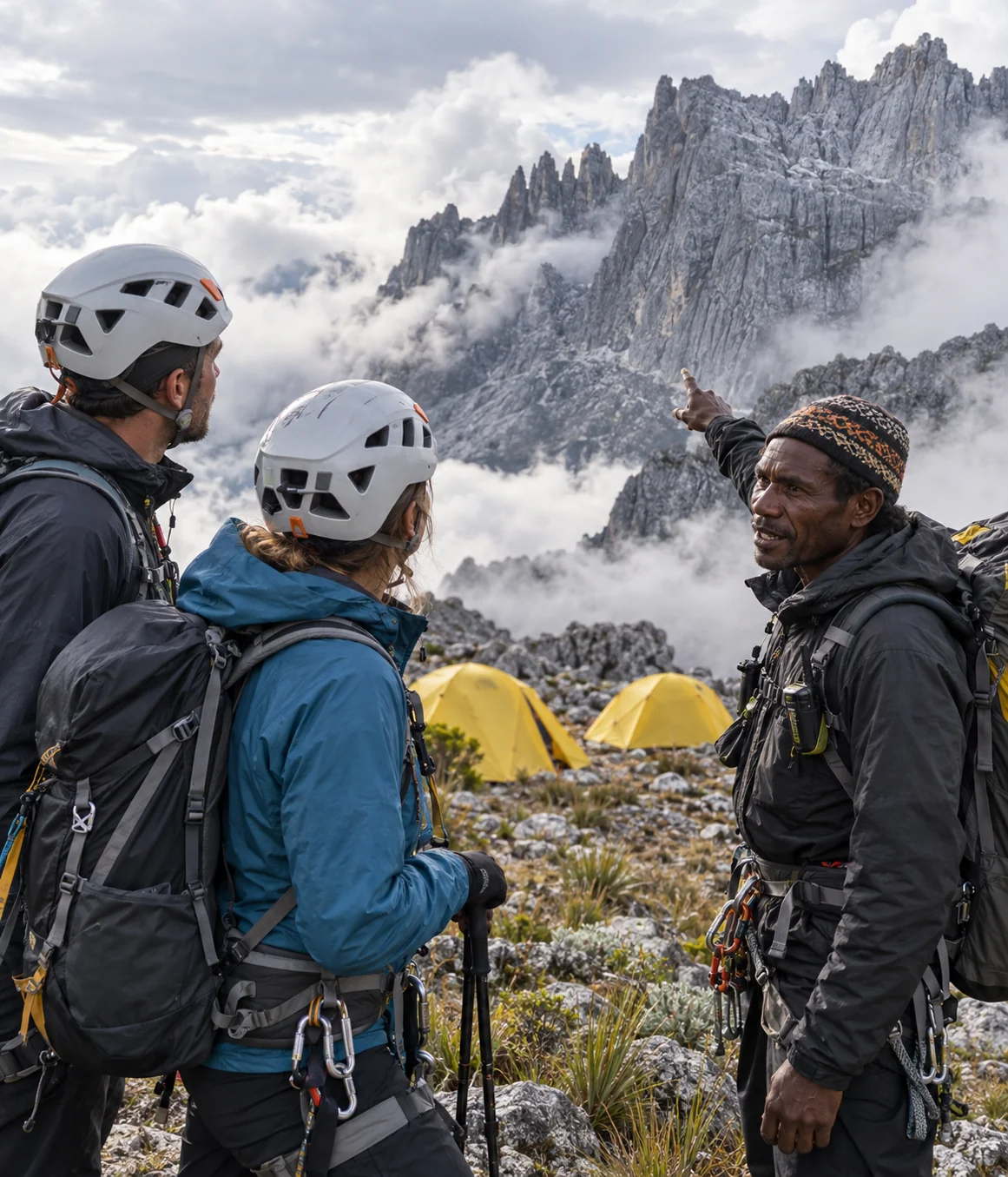 Papuan guide briefing climbers on the Carstensz route