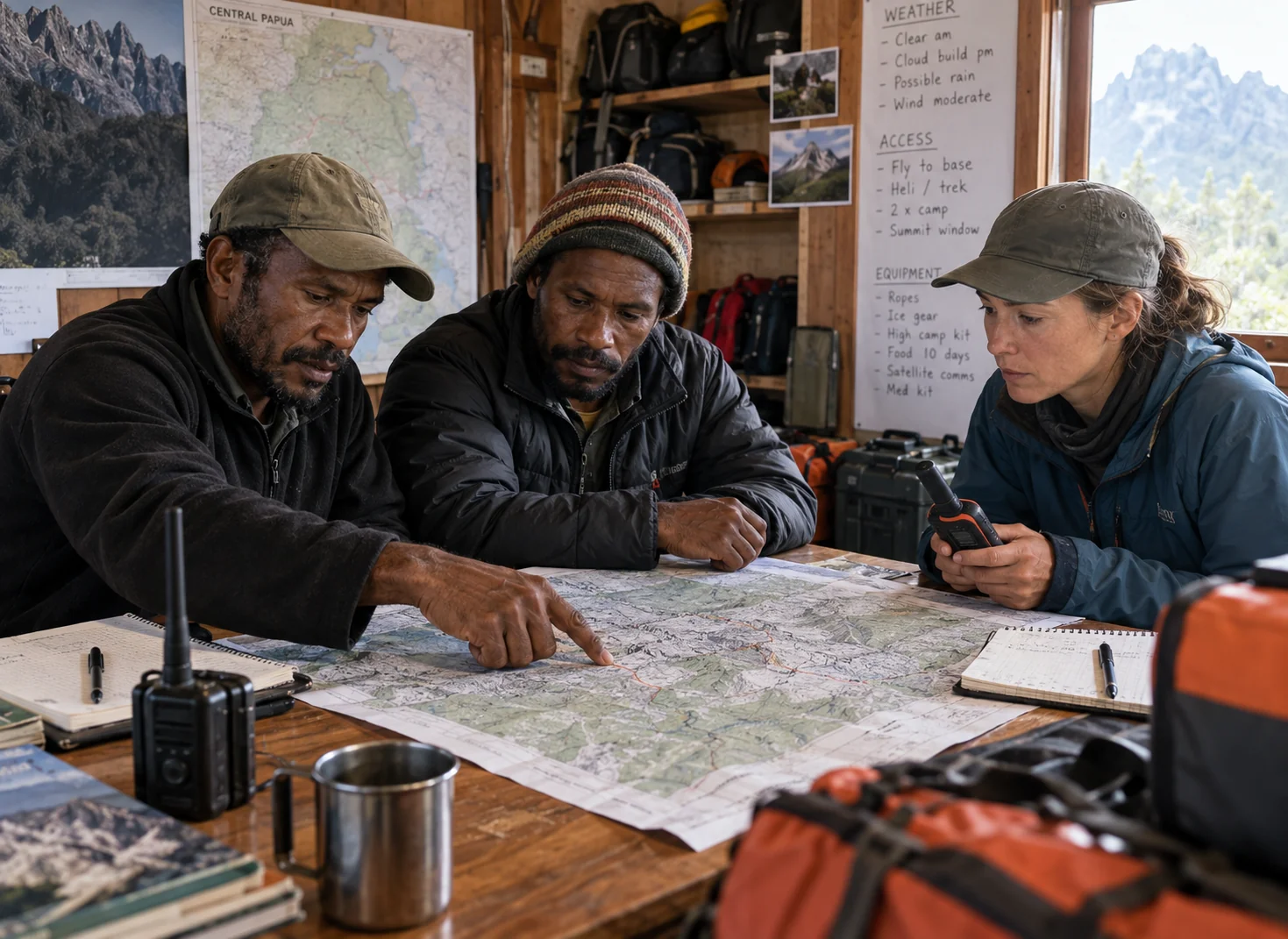 Local coordinators planning a Carstensz expedition