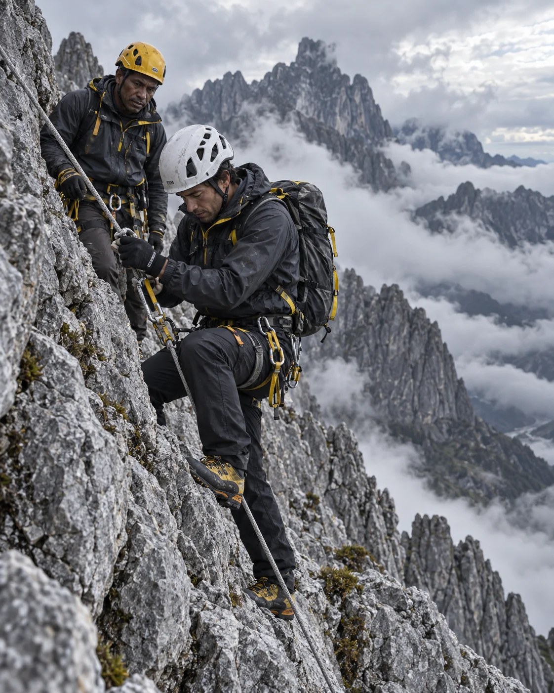 Climber practicing fixed-rope technique with a Papuan guide