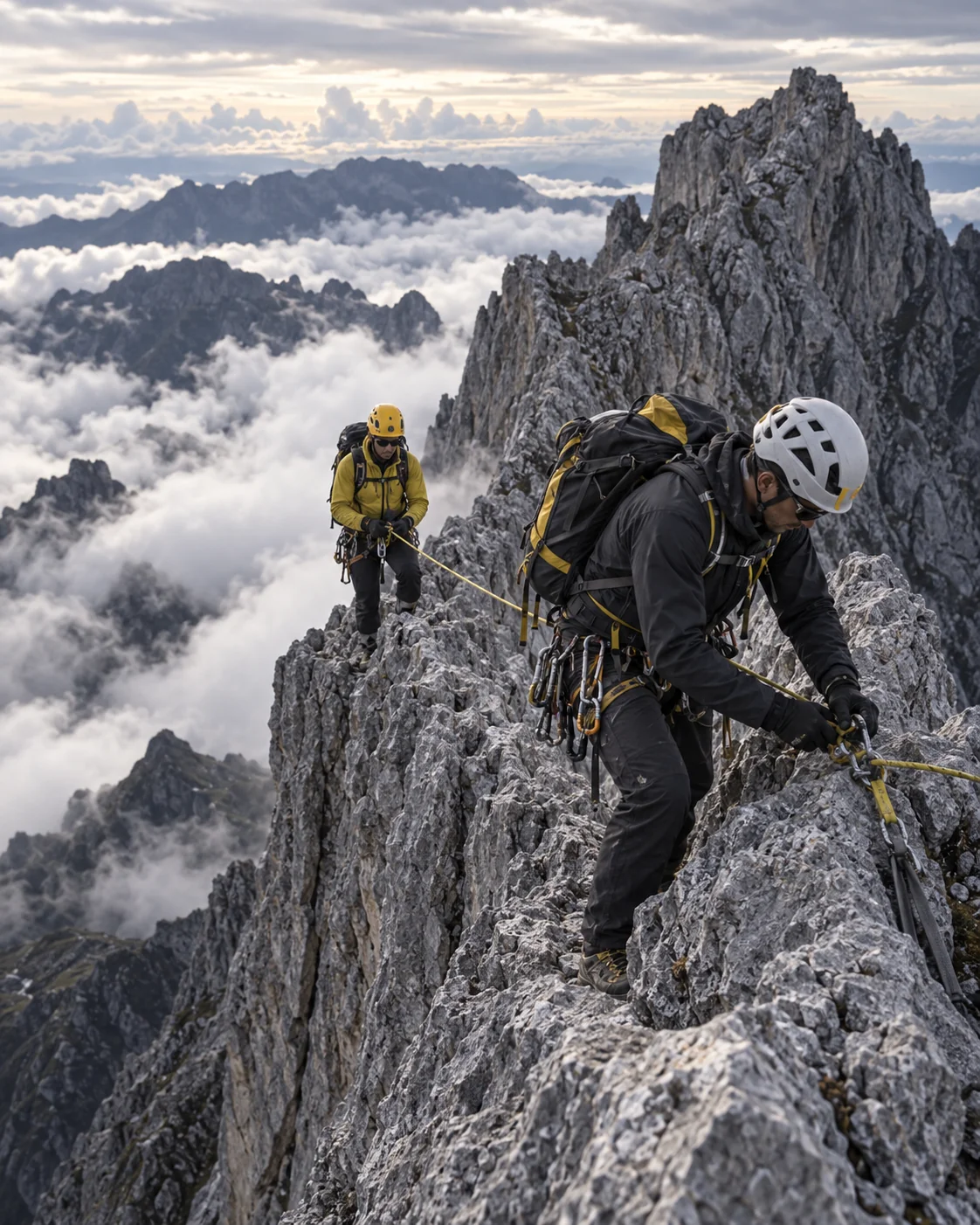 Roped climbers moving carefully along the summit ridge