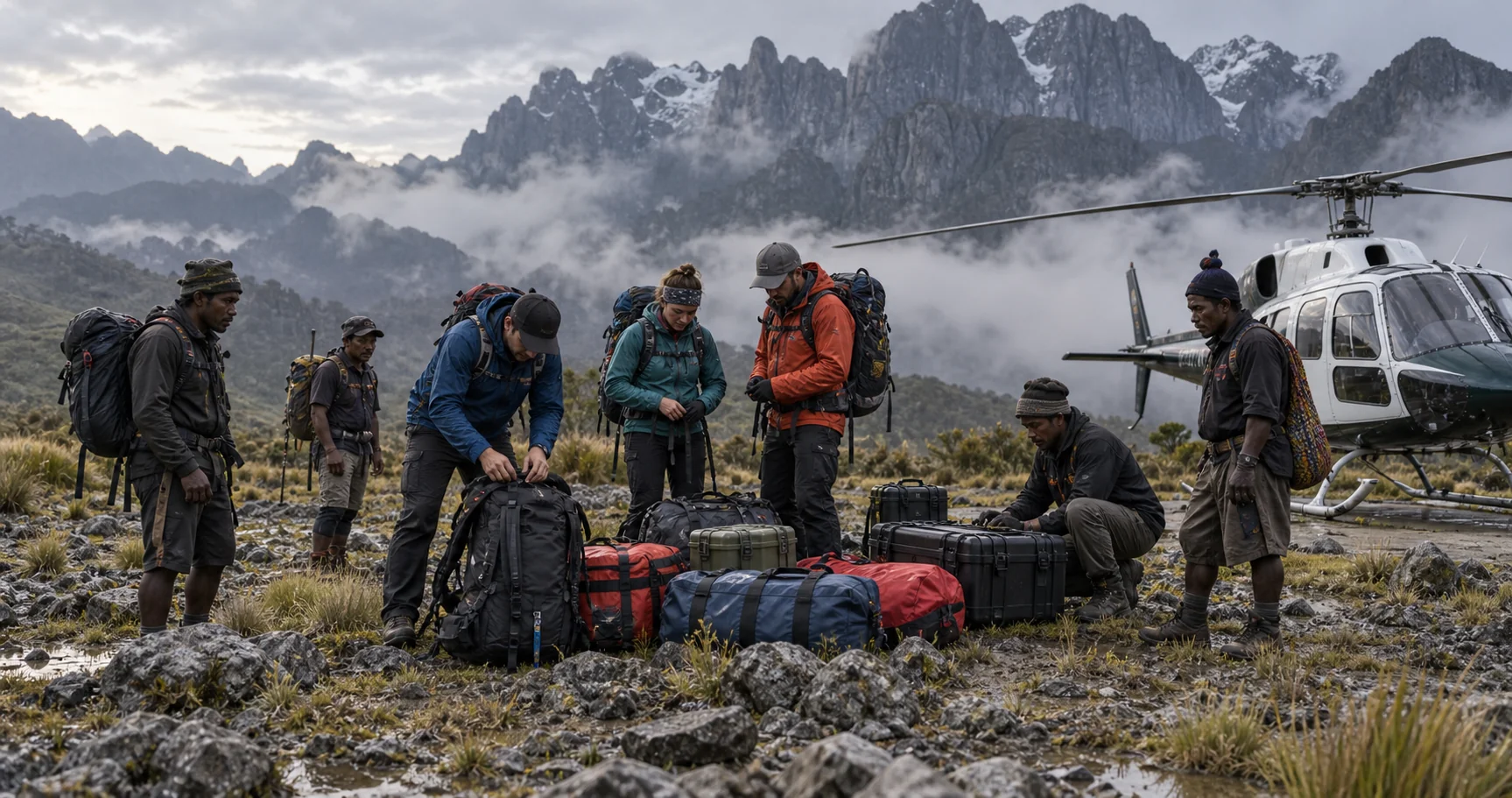 Carstensz expedition team preparing at a Papua staging area