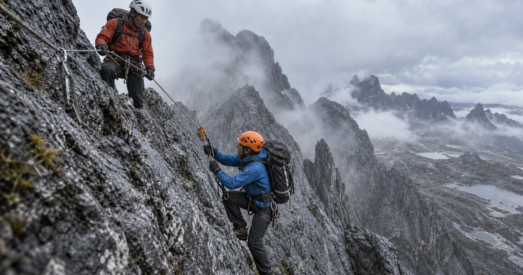Guide supervising a technical fixed-rope ascent